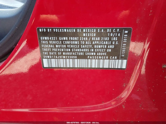45797503 :رقم المزاد ، 3VWD17AJ9FM233098 vin ، 2015 Volkswagen Jetta 1.8t Se مزاد بيع