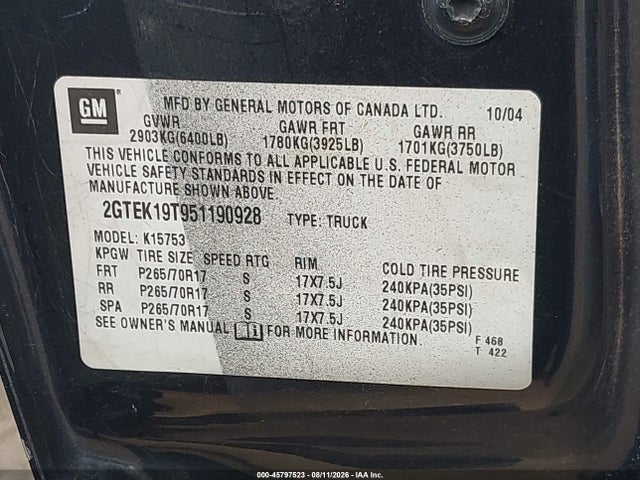 45797523 :رقم المزاد ، 2GTEK19T951190928 vin ، 2005 Gmc Sierra 1500 Sle مزاد بيع