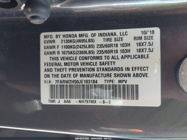 Продаж на аукціоні авто 2018 Honda Cr-v Ex, vin: 7FARW2H50JE103184, номер лоту: 45797543
