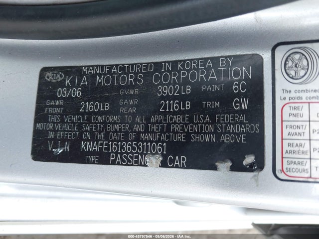 Продаж на аукціоні авто 2006 Kia Spectra5, vin: KNAFE161365311061, номер лоту: 45797546