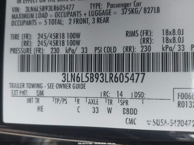 45797568 :رقم المزاد ، 3LN6L5B93LR605477 vin ، 2020 Lincoln Mkz Standard مزاد بيع