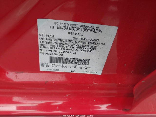 Продаж на аукціоні авто 2004 Mazda Mazda6 I, vin: 1YVHP84C045N85103, номер лоту: 45797578