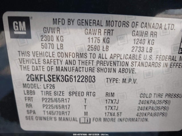 Aukcja sprzedaży 2016 Gmc Terrain Sle-1, vin: 2GKFLSEK3G6122803, numer aukcji: 45797606
