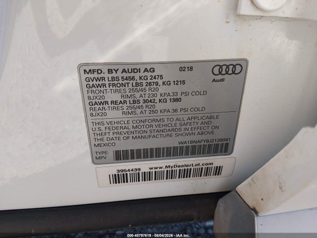 Продаж на аукціоні авто 2018 Audi Q5 2.0t Premium/2.0t Tech Premium, vin: WA1BNAFY9J2139041, номер лоту: 45797619