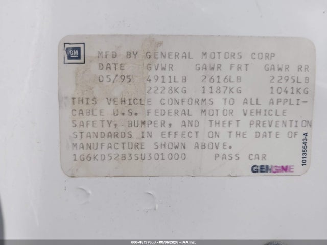 Продаж на аукціоні авто 1995 Cadillac Deville, vin: 1G6KD52B3SU301000, номер лоту: 45797633