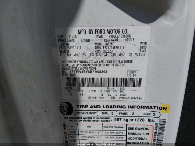 2011 Ford F-150 Lariat მანქანა იყიდება აუქციონზე, vin: 1FTFW1EF8BFA05393, აუქციონის ნომერი: 45797634