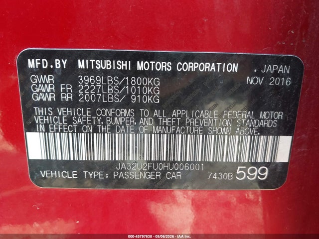 2017 Mitsubishi Lancer Es მანქანა იყიდება აუქციონზე, vin: JA32U2FU0HU006001, აუქციონის ნომერი: 45797638