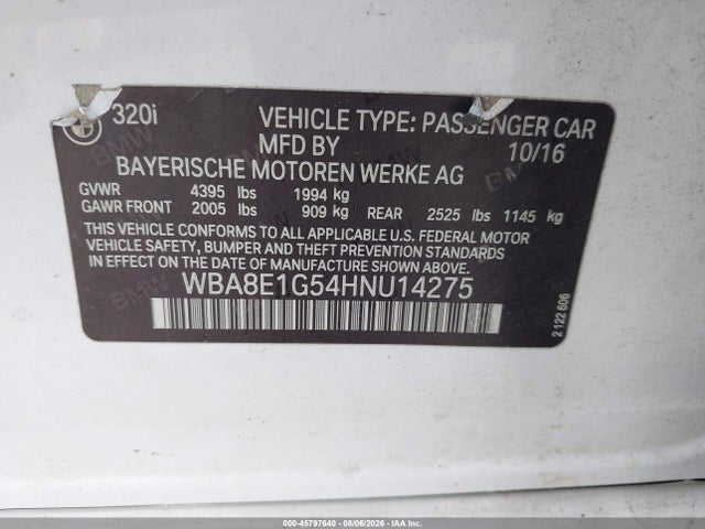 Продажа на аукционе авто 2017 Bmw 320i, vin: WBA8E1G54HNU14275, номер лота: 45797640