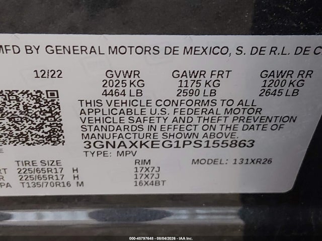 2023 Chevrolet Equinox Fwd Lt მანქანა იყიდება აუქციონზე, vin: 3GNAXKEG1PS155863, აუქციონის ნომერი: 45797648
