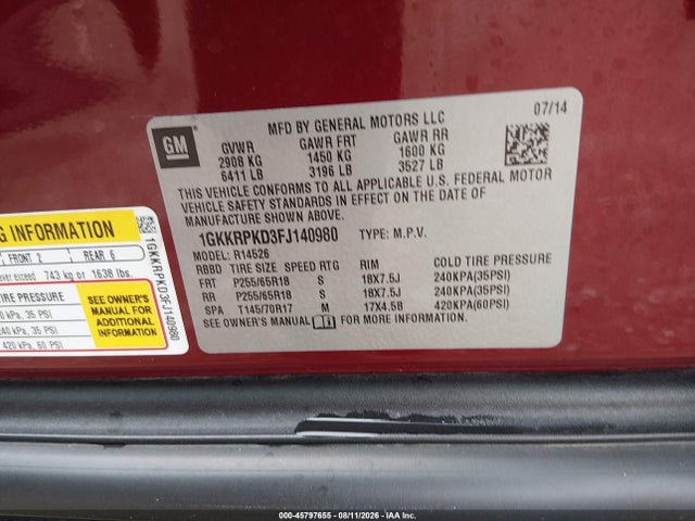 45797655 :رقم المزاد ، 1GKKRPKD3FJ140980 vin ، 2015 Gmc Acadia Sle-2 مزاد بيع