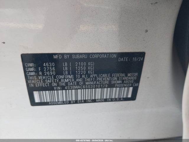 45797665 :رقم المزاد ، 4S3BWAC65S3010179 vin ، 2025 Subaru Legacy Premium مزاد بيع