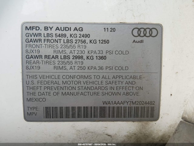 Aukcja sprzedaży 2021 Audi Q5 Premium 45 Tfsi Quattro S Tronic, vin: WA1AAAFY7M2024482, numer aukcji: 45797667