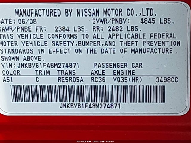 Продаж на аукціоні авто 2008 Infiniti G35x, vin: JNKBV61F48M274871, номер лоту: 45797668