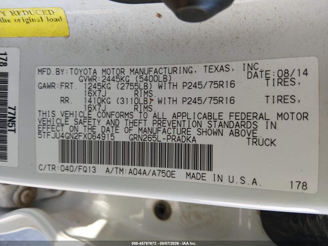 Aukcja sprzedaży 2015 Toyota Tacoma Prerunner V6, vin: 5TFJU4GN2FX064915, numer aukcji: 45797672