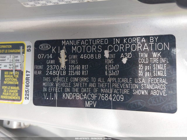 45797673 :رقم المزاد ، KNDPBCAC9F7684209 vin ، 2015 Kia Sportage Lx مزاد بيع