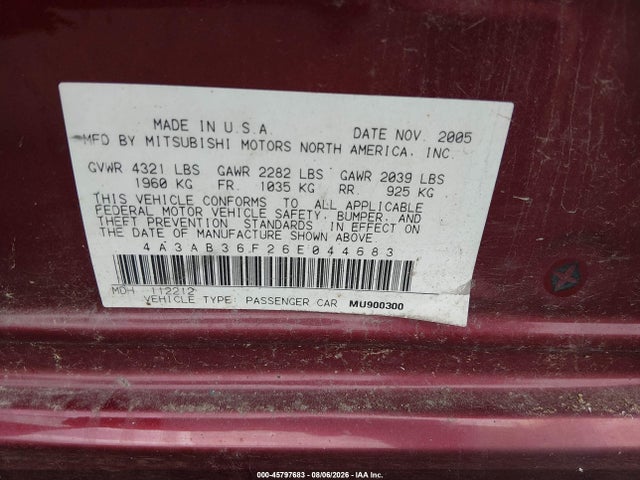 2006 Mitsubishi Galant Es/se მანქანა იყიდება აუქციონზე, vin: 4A3AB36F26E044683, აუქციონის ნომერი: 45797683