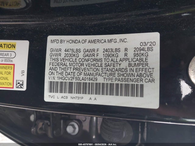 45797691 :رقم المزاد ، 1HGCV2F50LA018429 vin ، 2020 Honda Accord Ex-l 2.0t مزاد بيع