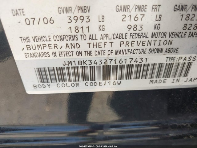 45797697 :رقم المزاد ، JM1BK343271617431 vin ، 2007 Mazda Mazda3 S Grand Touring مزاد بيع
