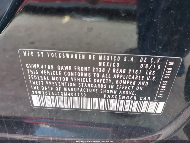 Aukcja sprzedaży 2016 Volkswagen Jetta 1.4t S, vin: 3VW267AJ7GM404733, numer aukcji: 45797704