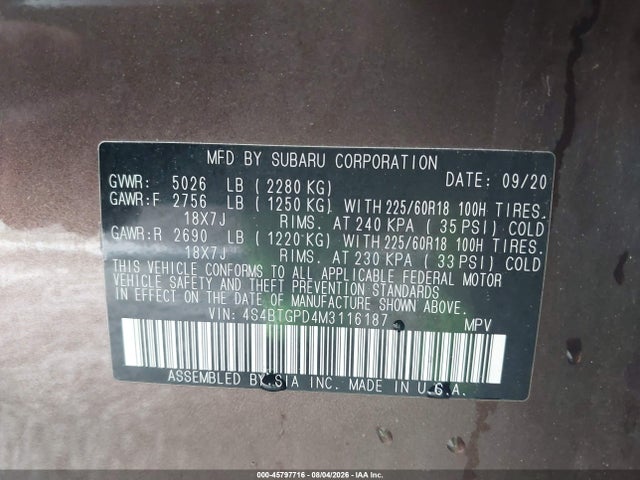 Aukcja sprzedaży 2021 Subaru Outback Touring Xt, vin: 4S4BTGPD4M3116187, numer aukcji: 45797716