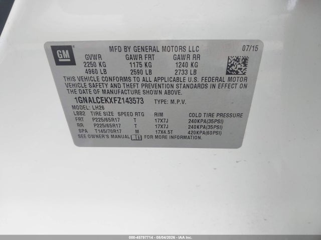 2015 Chevrolet Equinox Lt მანქანა იყიდება აუქციონზე, vin: 1GNALCEKXFZ143573, აუქციონის ნომერი: 45797714