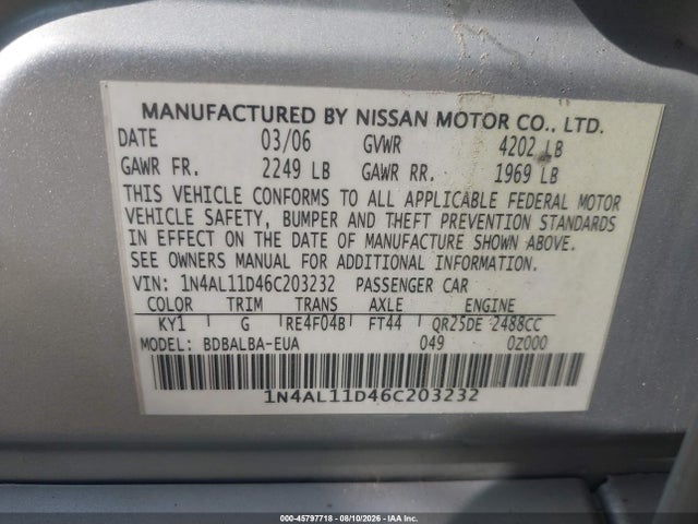 Продаж на аукціоні авто 2006 Nissan Altima 2.5 S, vin: 1N4AL11D46C203232, номер лоту: 45797718