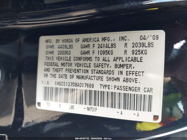 Aukcja sprzedaży 2009 Honda Accord 2.4 Ex, vin: 1HGCS12709A017669, numer aukcji: 45797722