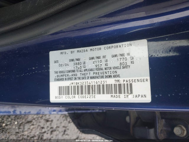 2004 Mazda Mazda3 S მანქანა იყიდება აუქციონზე, vin: JM1BK323541161231, აუქციონის ნომერი: 45797729