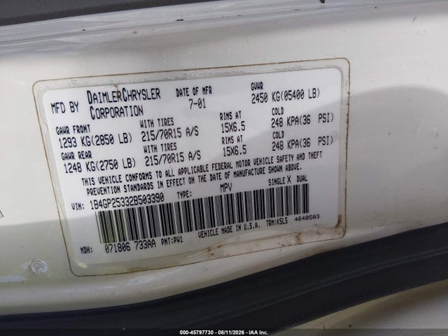 Aukcja sprzedaży 2002 Dodge Caravan Se, vin: 1B4GP25332B503390, numer aukcji: 45797730