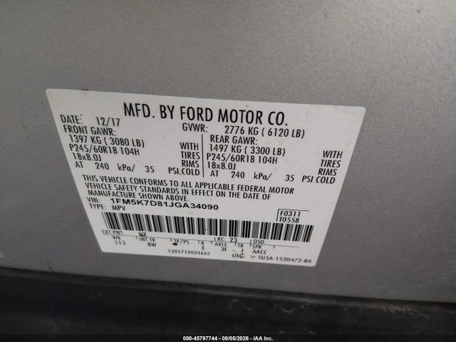 Aukcja sprzedaży 2018 Ford Explorer Xlt, vin: 1FM5K7D81JGA34090, numer aukcji: 45797744