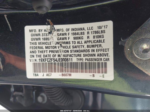 2018 Honda Civic Lx მანქანა იყიდება აუქციონზე, vin: 19XFC2F54JE000611, აუქციონის ნომერი: 45797747