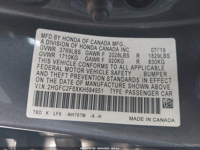 Honda Civic Lx 2019 2HGFC2F6XKH584951 Image 9