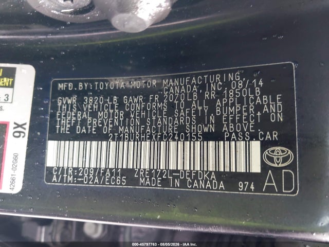 Продажа на аукционе авто 2015 Toyota Corolla L, vin: 2T1BURHEXFC240155, номер лота: 45797763