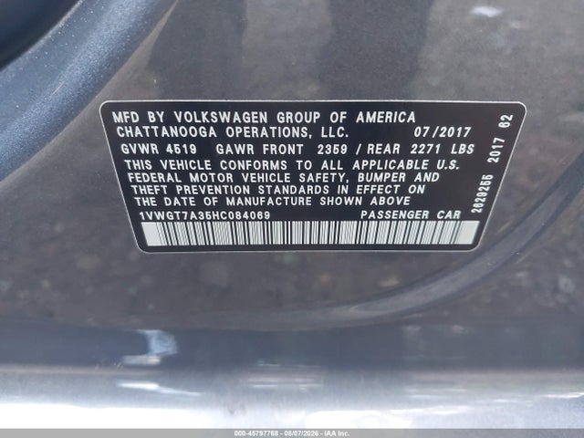 2017 Volkswagen Passat 1.8t Se მანქანა იყიდება აუქციონზე, vin: 1VWGT7A35HC084069, აუქციონის ნომერი: 45797768