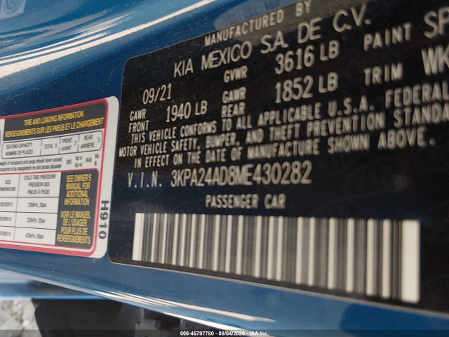 Aukcja sprzedaży 2021 Kia Rio S, vin: 3KPA24AD8ME430282, numer aukcji: 45797780