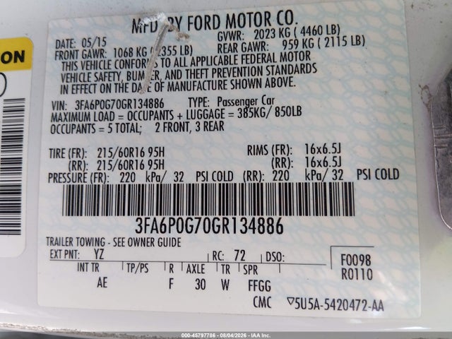 Ford FUSION S 2016 3FA6P0G70GR134886 Image 9