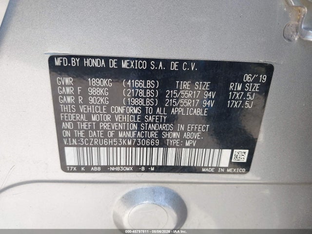 Aukcja sprzedaży 2019 Honda Hr-v Ex, vin: 3CZRU6H53KM730669, numer aukcji: 45797811