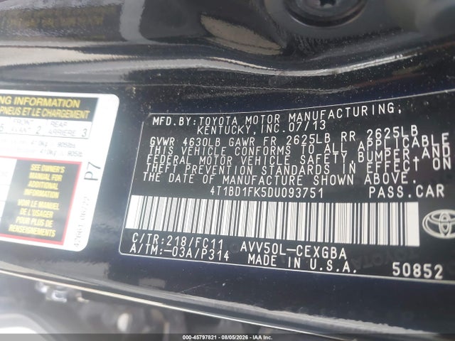 2013 Toyota Camry Hybrid Xle მანქანა იყიდება აუქციონზე, vin: 4T1BD1FK5DU093751, აუქციონის ნომერი: 45797821