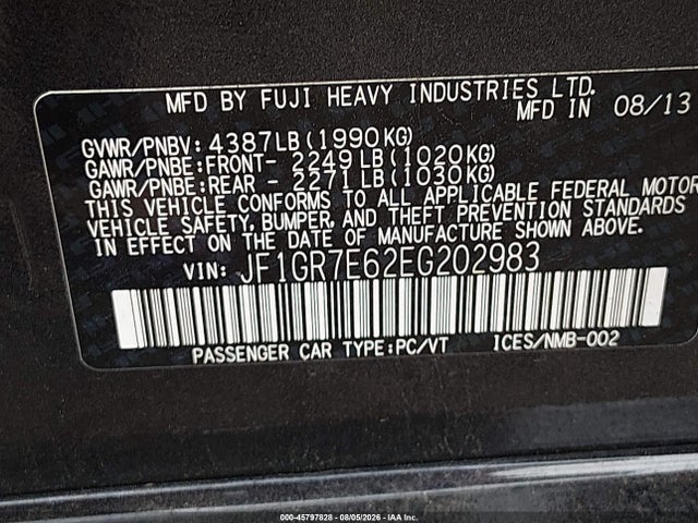 Продажа на аукционе авто 2014 Subaru Impreza Wrx, vin: JF1GR7E62EG202983, номер лота: 45797828