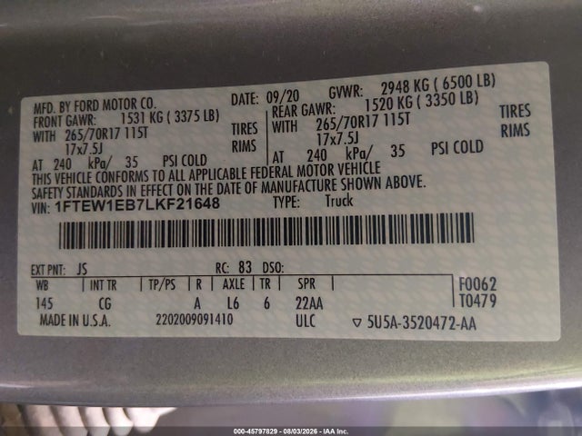 Ford F-150 Xl 2020 1FTEW1EB7LKF21648 Image 9