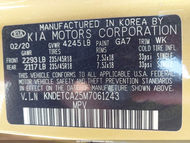 Aukcja sprzedaży 2021 Kia Seltos Sx Turbo, vin: KNDETCA25M7061243, numer aukcji: 45797832