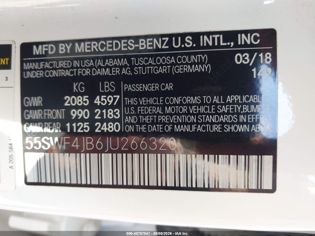 Продаж на аукціоні авто 2018 Mercedes-benz C 300, vin: 55SWF4JB6JU266320, номер лоту: 45797841