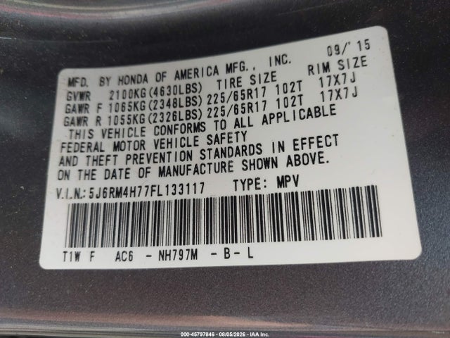 Honda Cr-v Ex-l 2015 5J6RM4H77FL133117 Image 9