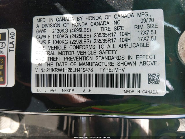 2HKRW1H28LH419478 Honda Cr-v 2wd Lx