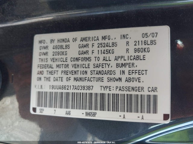 Auction sale of the 2007 Acura Tl 3.2, vin: 19UUA66217A039387, lot number: 45797875