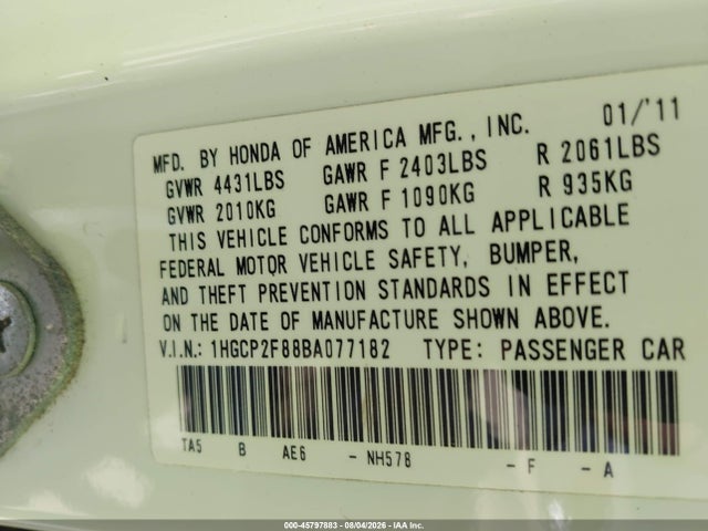 2011 Honda Accord 2.4 Ex-l მანქანა იყიდება აუქციონზე, vin: 1HGCP2F88BA077182, აუქციონის ნომერი: 45797883