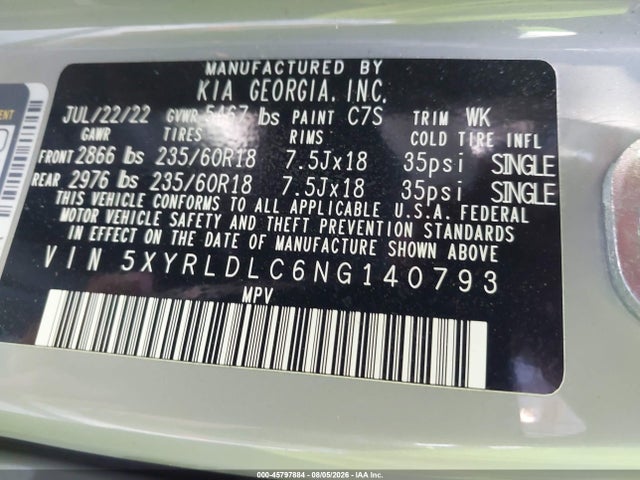 2022 Kia Sorento X-line S მანქანა იყიდება აუქციონზე, vin: 5XYRLDLC6NG140793, აუქციონის ნომერი: 45797884
