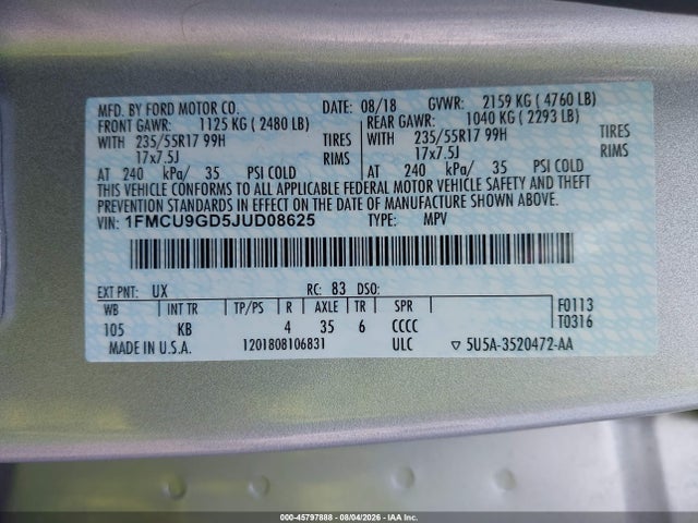 Ford ESCAPE SE 2018 1FMCU9GD5JUD08625 Image 9