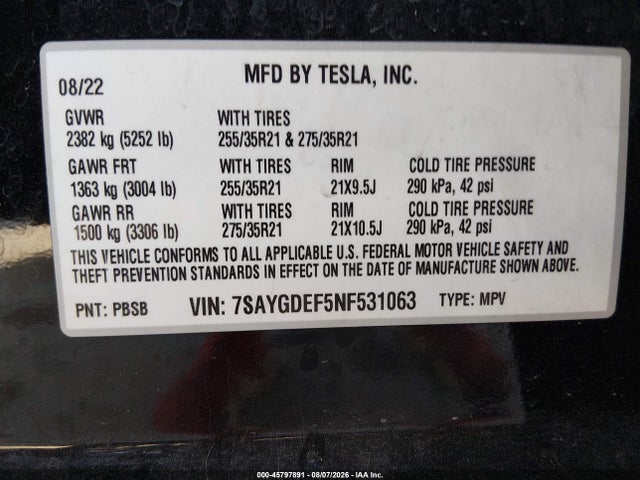 Aukcja sprzedaży 2022 Tesla Model Y Performance Dual Motor All-wheel Drive, vin: 7SAYGDEF5NF531063, numer aukcji: 45797891