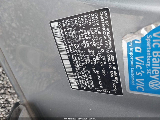 Aukcja sprzedaży 2021 Volkswagen Atlas 3.6l V6 Se W/technology, vin: 1V2JR2CA5MC547214, numer aukcji: 45797922